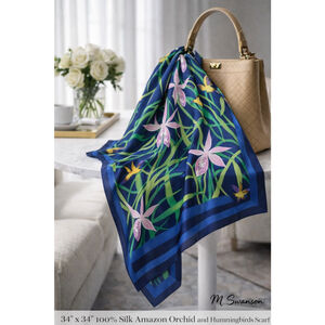 100% silk oversized scarf Amazon orchid and hummingbird rainforest scarf